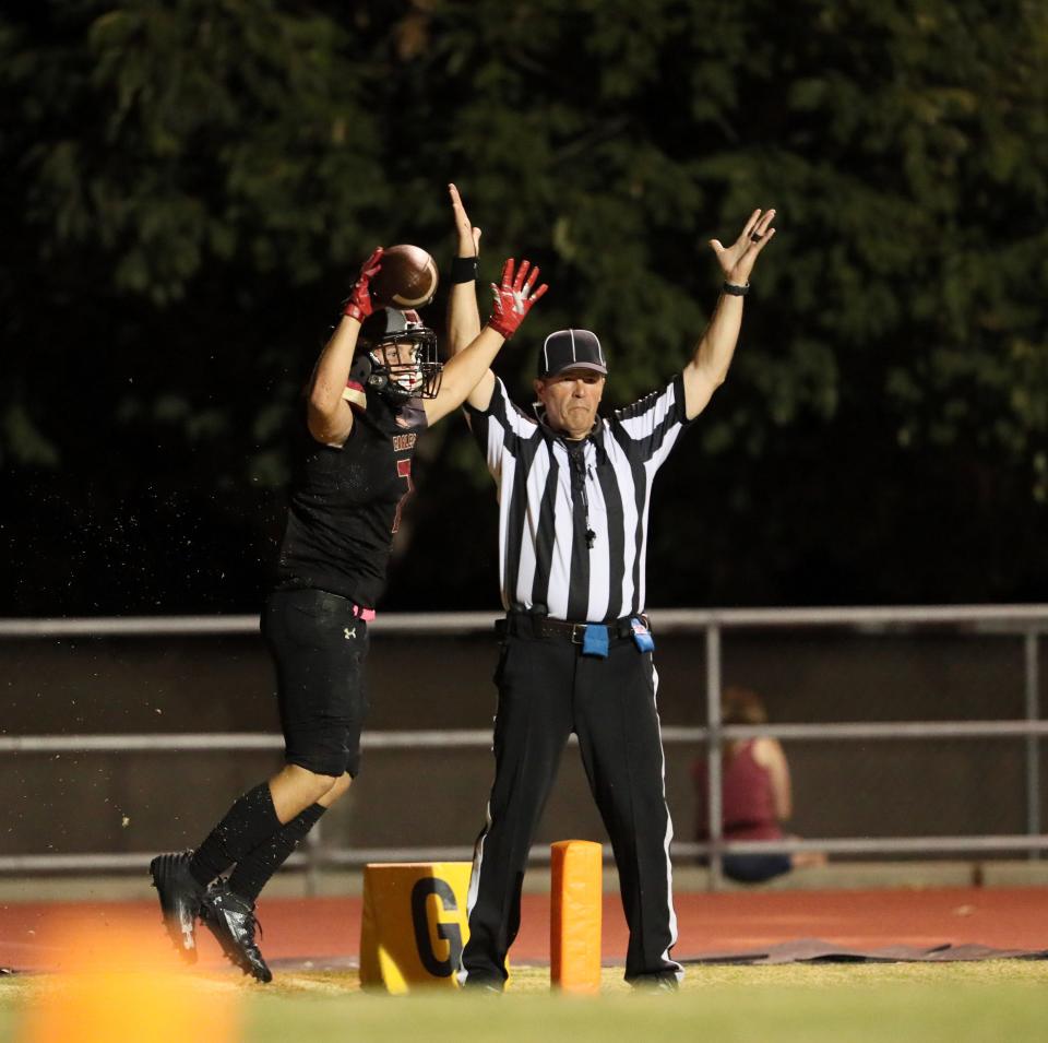 West Valley's Jack Casey celebrates a touchdown in the end zone in the 3rd quarter against Shasta at the Pasture on Friday, Sept. 8, 2023.