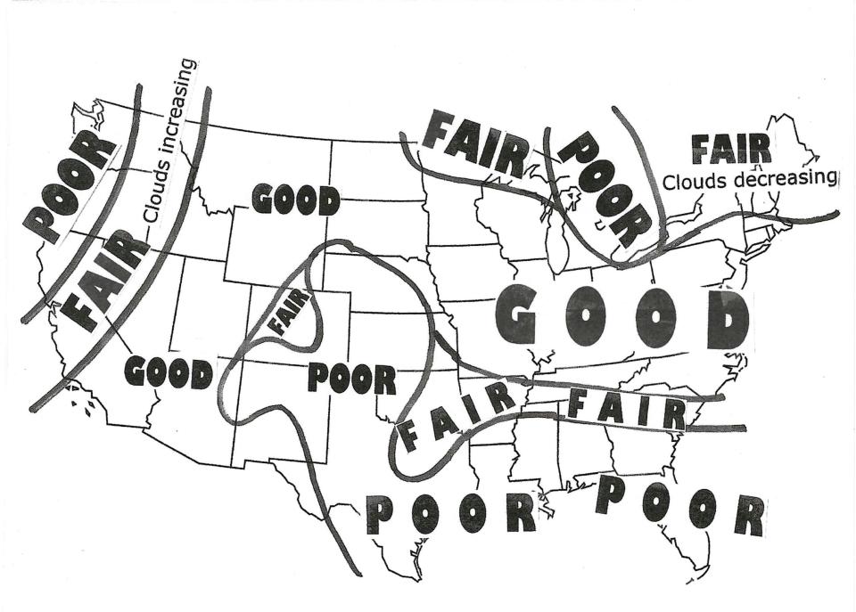 A map of the United States showing three words in various areas: good, fair and poor