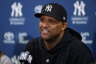 Feb 16, 2019; Tampa, FL, USA; New York Yankees starting pitcher CC Sabathia (52) talks with media as he formally announced that he will be retiring after this season during spring training camp at George M. Steinbrenner Field. Mandatory Credit: Kim Klement-USA TODAY Sports