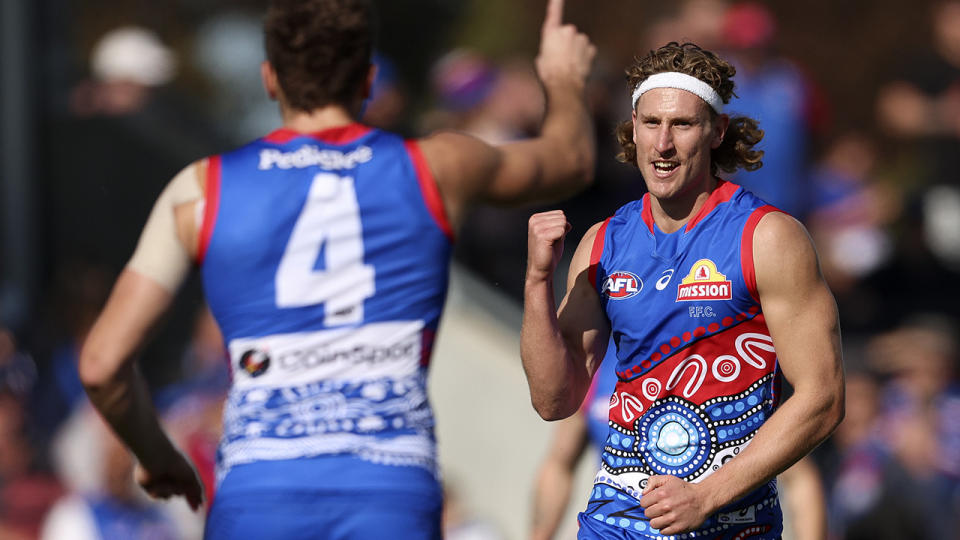 Aaron Naughton kicked three first half goals, but was limited by the Gold Coast in the second half to Luke Beveridge's chagrin. (Photo by Martin Keep/Getty Images)