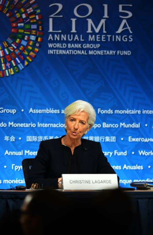 Christrine Lagarde Managing Director of the IMF speaks during a press conference on October 8, 2015 in Lima