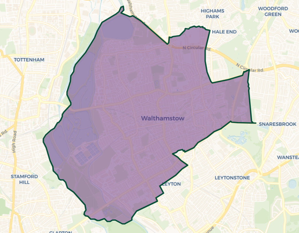 Walthamstow constituency map: Purple shaded area: current constituency boundary. Green outlines new constituency boundaries (© OpenStreetMap contributors | © CARTO)