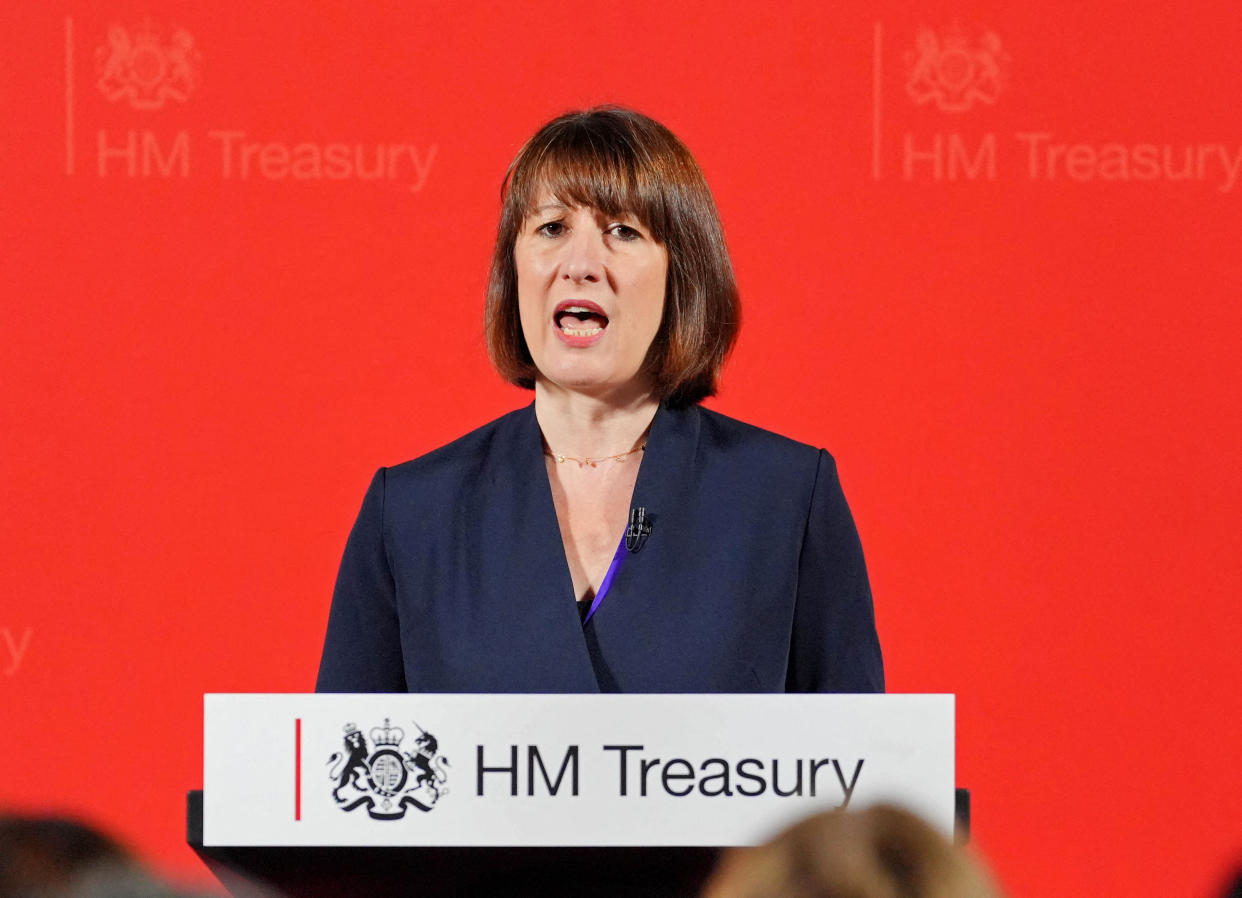 Britain's Chancellor of the Exchequer Rachel Reeves delivers a speech at the Treasury, to an audience of leading business figures and senior stakeholders, announcing the first steps the new Labour Government will take to deliver economic growth, in London on July 8, 2024. (Photo by Jonathan Brady / POOL / AFP) (Photo by JONATHAN BRADY/POOL/AFP via Getty Images)