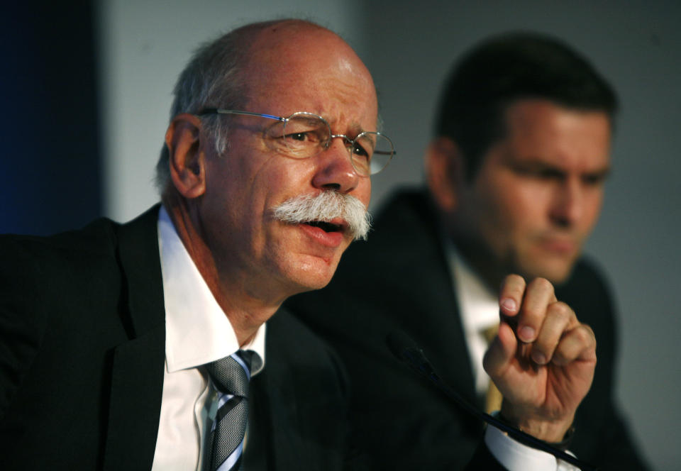 Daimler AG CEO Dieter Zetsche addresses the media during the opening ceremony of Daimler's new factory in Oragadam at Kancheepuram district 60 kilometers (38 miles) from Chennai, India, Wednesday, April 18, 2012. The German auto maker will start building trucks at the new factory beginning in the third quarter. The factory will initially have a capacity to make 36,000 trucks a year and raise it to 72,000 units, the company said. (AP Photo/Arun Shankar)