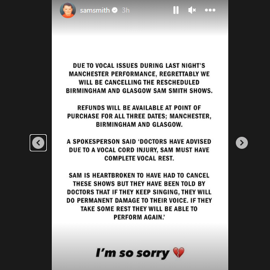 Sam Smith has a vocal cord injury. (Sam Smith Instagram)