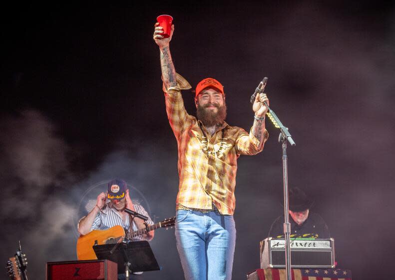 Indio, CA - April 27: Post Malone performs on the Mane Stage on the second day of Stagecoach Country Music Festival at the Empire Polo Club in Indio Saturday, April 27, 2024. (Allen J. Schaben / Los Angeles Times)