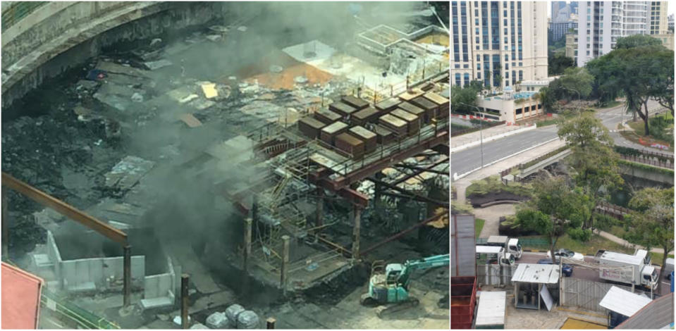 From left to right: A photo taken following the second controlled detonation on 18 November, 2019 and a view of the traffic along Kim Seng Road being diverted during the operation. (PHOTOS: Yahoo News Singapore readers)