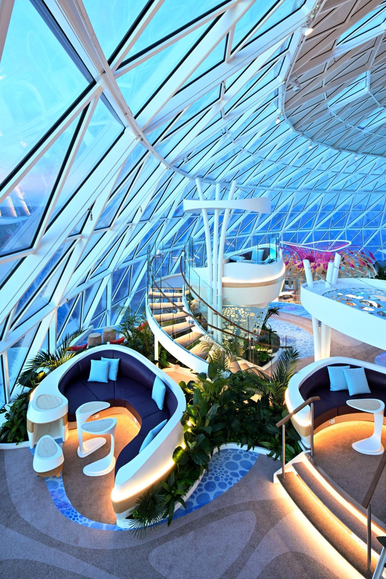 The Overlook in the ship's AquaDome neighborhood features sweeping views and pods where guests can cozy up.