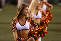 <p>Cincinnati Bengals cheerleaders perform during the NFL game against the Houston Texans and the Cincinnati Bengals on September 14th 2017, at Paul Brown Stadium in Cincinnati, OH. (Photo by Ian Johnson/Icon Sportswire via Getty Images) </p>