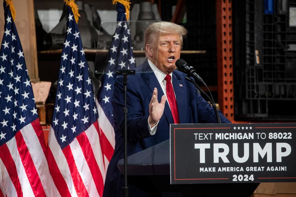 Former President Donald Trump speaks at Drake Enterprise in Clinton Township on Wednesday, Sept. 27, 2023.