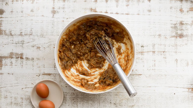 Wet ingredients mixed in bowl