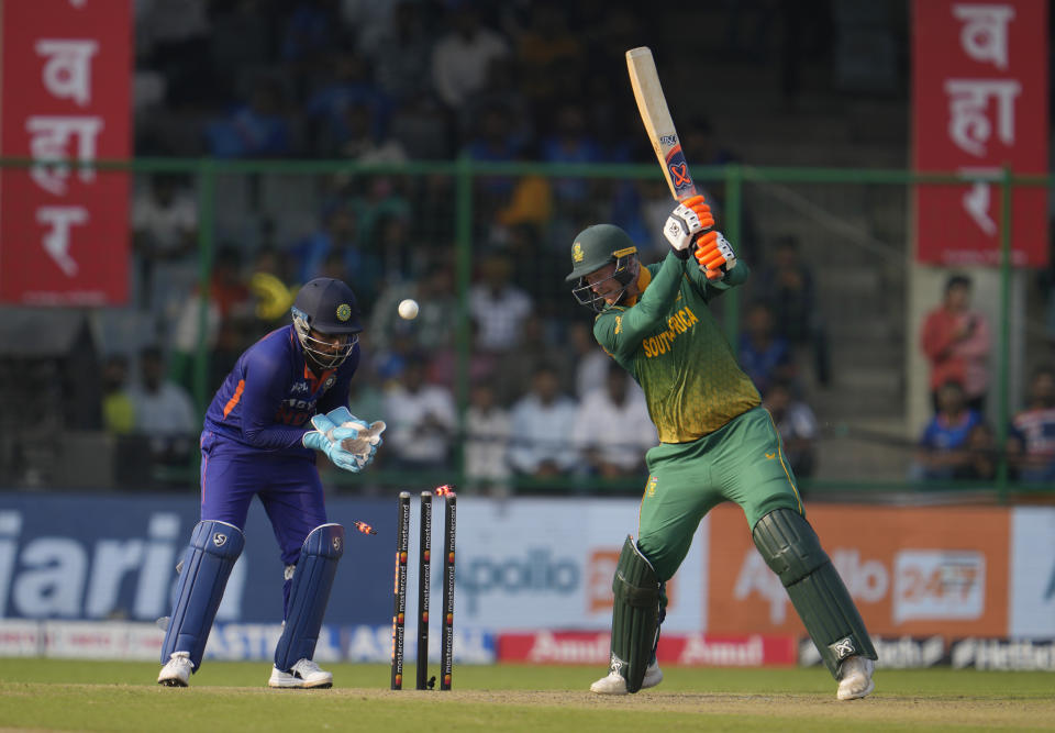 South Africa's Heinrich Klaasen looks back after he is bold by India's Shahbaz Ahmed during the third one day international cricket match between India and South Africa, in New Delhi, India, Tuesday, Oct.11, 2022. (AP Photo/Altaf Qadri)
