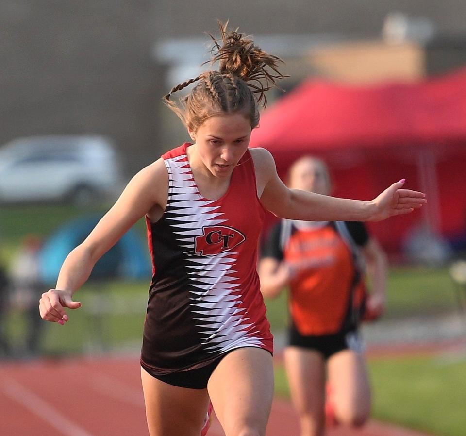Conemaugh Township's Izzy Slezak wins the girls 200-meter dash with a time of 25.54 during the District 5 Class 2A Track and Field Championships, Wednesday, at Northern Bedford High School.