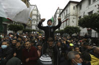 Algerians demonstrate in Algiers to mark the second anniversary of the Hirak movement, Monday Feb. 22, 2021. February 22 marks the second anniversary of Hirak, the popular movement that led to the fall of Algerian President Abdelaziz Bouteflika. (AP Photo/Anis Belghoul)