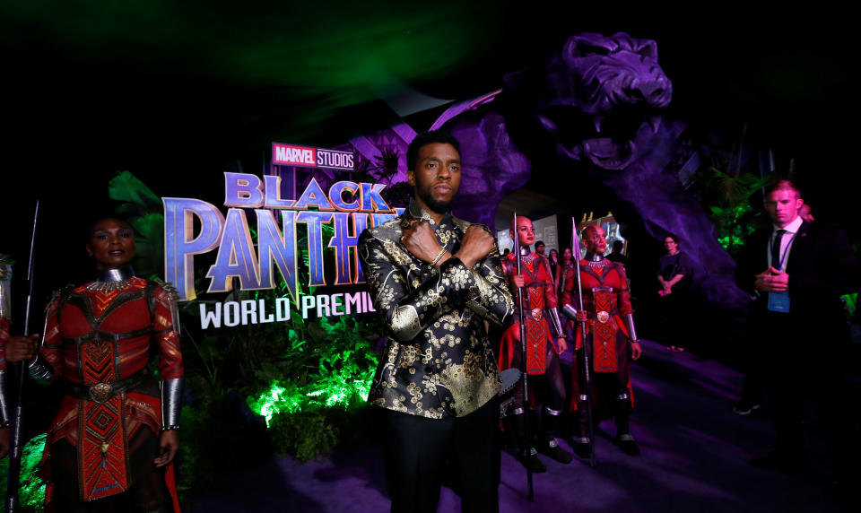 Cast member Chadwick Boseman poses at the premiere of "Black Panther" in Los Angeles, California, U.S., January 29, 2018. REUTERS/Mario Anzuoni