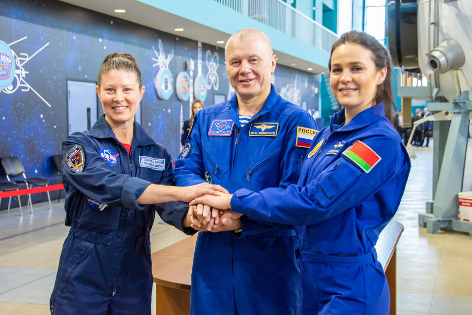 From left, NASA astronaut Tracy Dyson, Soyuz MS-25 commander Oleg Novitskiy and Belarus guest cosmonaut Marina Vasilevskaya will deliver a fresh Soyuz spacecraft to the International space station later this month. Novitskiy, Vasilevskaya and NASA astronaut Loral O'Hara will return to Earth on April 2 aboard the older Soyuz MS-24 ferry ship while Dyson will remain in orbit for six months. She'll return to Earth in September with cosmonauts Oleg Kononenko and Nikolai Chub, who are midway through a yearlong mission. They'll come back to Earth aboard the Soyuz MS-25 spacecraft. / Credit: NASA
