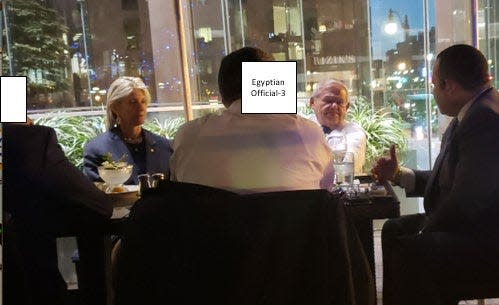 Image included in the United States District Court Southern District Of New York indictment of New Jersey Senator Bob Menendez. his wife Nadine Menendez and Wael Hana. The photo features Robert Menendez, Nadine Menendez having a dinner at a steakhouse in Washington, D.C. on May 21, 2019 with Wael Hana, an Egyptian official and an Egyptian-American associate of Hana. The indictment charges that at the dinner there was discussion of various matters of foreign policy, and Nadine Menendez stated, “what else can the love of
my life do for you?”
