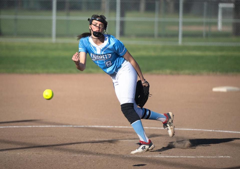 Downey’s Selina Luiz delivers a pitch during the Central California Athletic League game with Pitman at Pitman High School in Turlock, Calif., Tuesday, March 19, 2024.