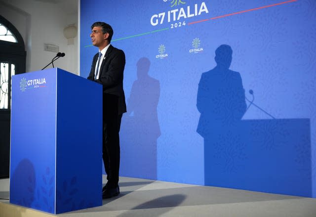 Prime Minister Rishi Sunak speaking during a press conference at the G7 leaders’ summit in Italy