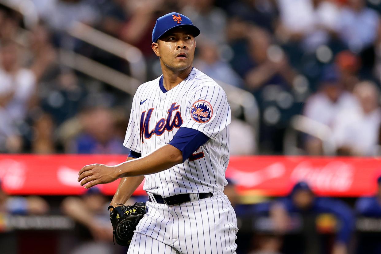 New York Mets pitcher Jose Quintana walks on the field during the first inning of the team's baseball game against the Texas Rangers on Tuesday, Aug. 29, 2023, in New York.