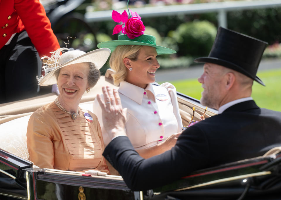 ASCOT, ENGLAND - JUNE 16:  Princess Anne, Princess Royal, Zara Tindall and Mike Tindall attend Royal Ascot at Ascot Racecourse on June 16, 2022 in Ascot, England. (Photo by Samir Hussein/WireImage)