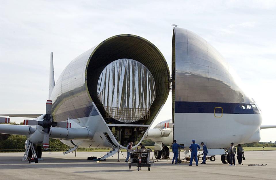 <p>NASA's preferred plane for transporting spacecraft and other large objects, the Super Guppy, is actually an older design. The first one flew in 1965 and was constructed directly from the fuselage of a <a href="https://en.wikipedia.org/wiki/Boeing_C-97_Stratofreighter" rel="nofollow noopener" target="_blank" data-ylk="slk:Boeing C-97 Stratofreighter;elm:context_link;itc:0;sec:content-canvas" class="link ">Boeing C-97 Stratofreighter</a><a href="https://en.wikipedia.org/wiki/Boeing_C-97_Stratofreighter" rel="nofollow noopener" target="_blank" data-ylk="slk:, which was lengthened and ballooned out for larger payloads. One was used recently to [link href="https://www.popularmechanics.com/space/g1914/today-in-photos-nasa/?slide=1" link_updater_label="external_hearst" target="_blank"]transport an Orion spacecraft;elm:context_link;itc:0;sec:content-canvas" class="link ">, which was lengthened and ballooned out for larger payloads. One was used recently to [link href="https://www.popularmechanics.com/space/g1914/today-in-photos-nasa/?slide=1" link_updater_label="external_hearst" target="_blank"]transport an Orion spacecraft</a> that is scheduled to launch on the first Space Launch System Rocket in 2018.</p>