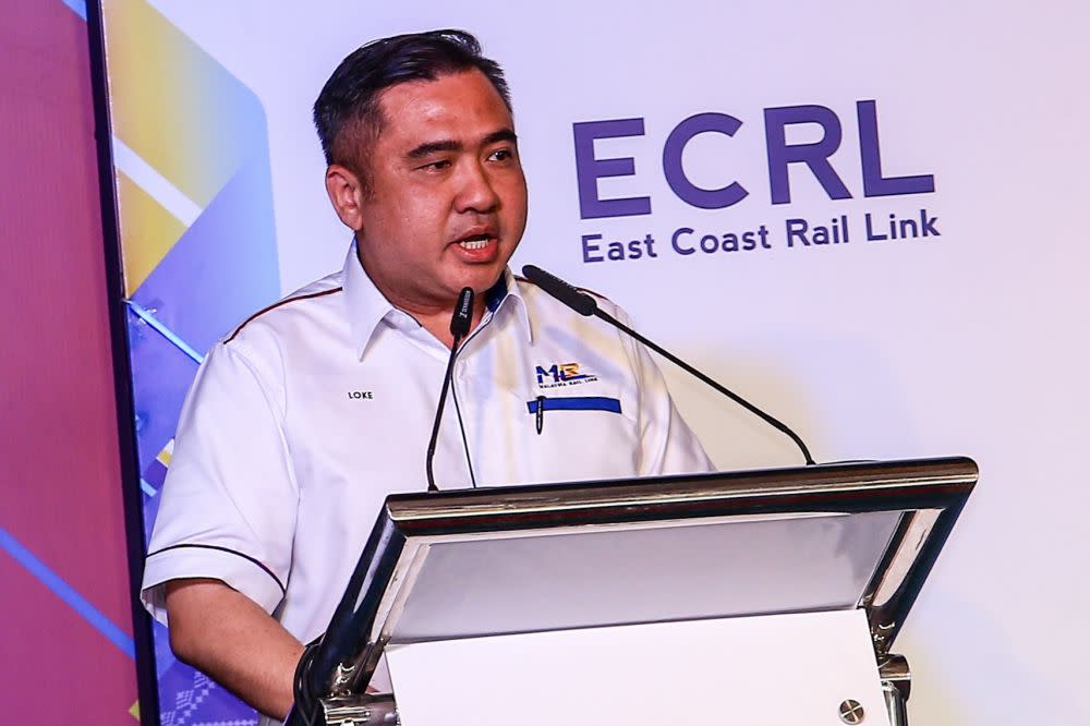 Transport Minister Anthony Loke gives a speech at the ECRL relaunch in Dungun, Terengganu July 25, 2019. ― Picture by Hari Anggara