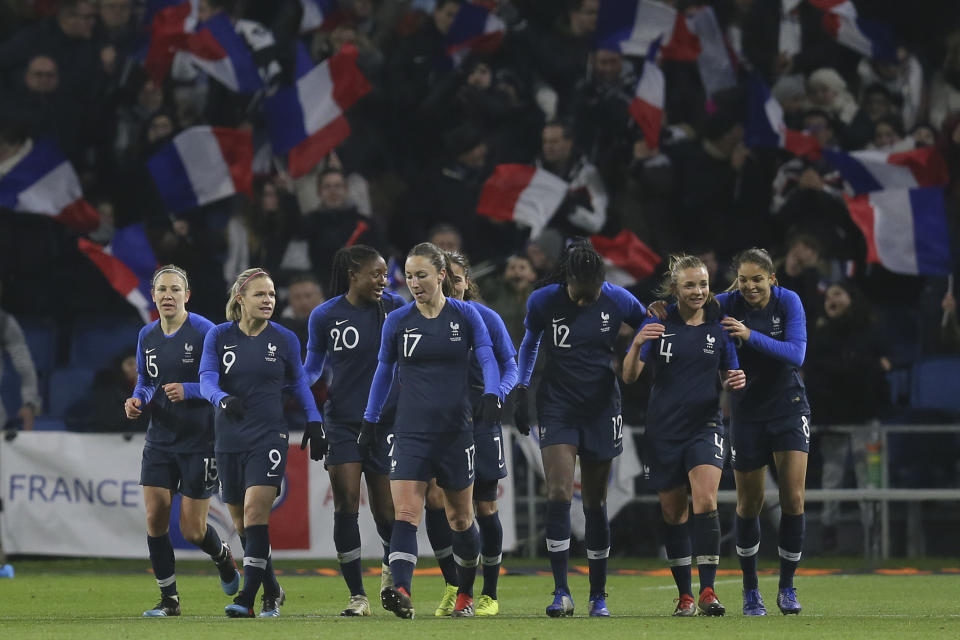 France players celebrate after teammate Kadidiatou Diani, third left, scored their side's second goal during a women's international friendly soccer match between France and United States at the Oceane stadium in Le Havre, France, Saturday, Jan. 19, 2019. (AP Photo/David Vincent)