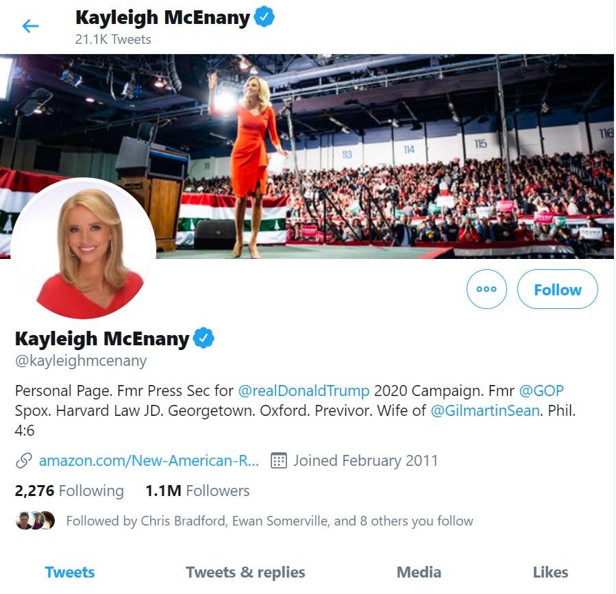 Kayleigh McEnany’s personal profile still visible on ThursdayTwitter/Kayleigh McEnany