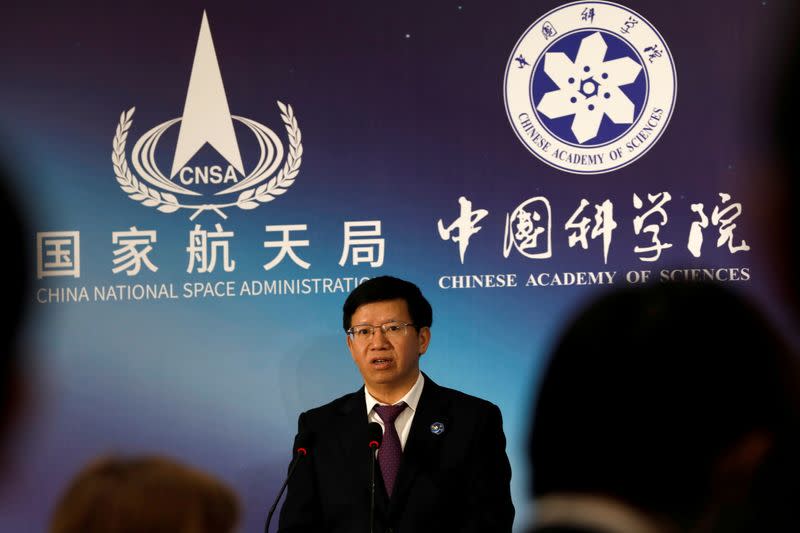 Vice Administrator of China National Space Administration Wu Yanhua speaks at an event on China’s lunar exploration program, at the National Astronomical Observatories of Chinese Academy of Sciences, in Beijing