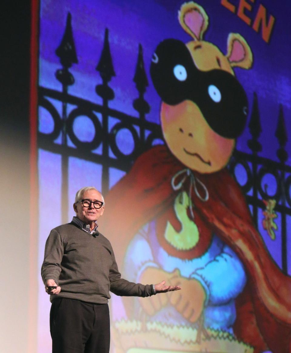 Former Hingham resident and author Marc Brown, the creator of "Arthur," talks about his characters, work and fun facts during his presentation at the Palace Theater in Canton, Ohio, on Tuesday, Nov. 16, 2021.