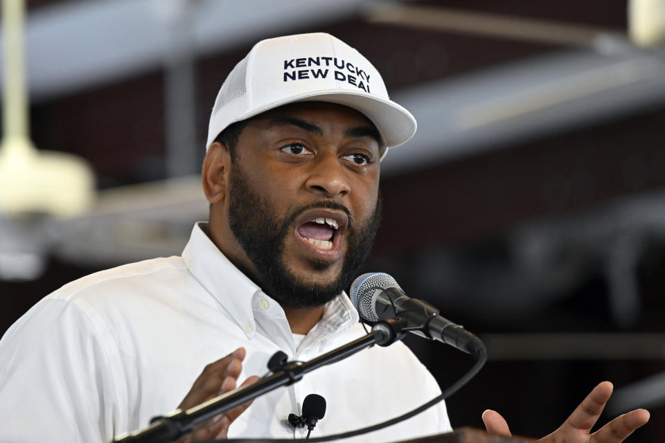 HOLD FOR STORY FILE - Kentucky Democratic candidate for Senate Charles Booker speaks on Aug. 6, 2022, in Fancy Farm, Ky. (AP Photo/Timothy D. Easley, File)