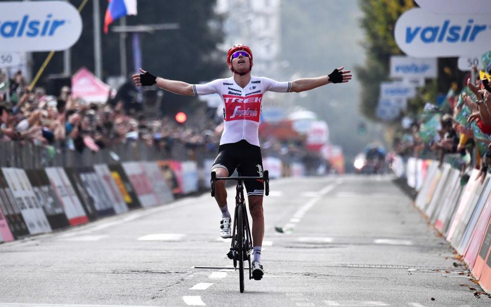 Bauke Mollema celebrates as he crosses the finish line to win the 113th edition of one-day Classic 
