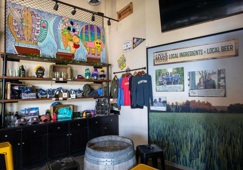 Merchandise for sale at Wormtown Brewery.