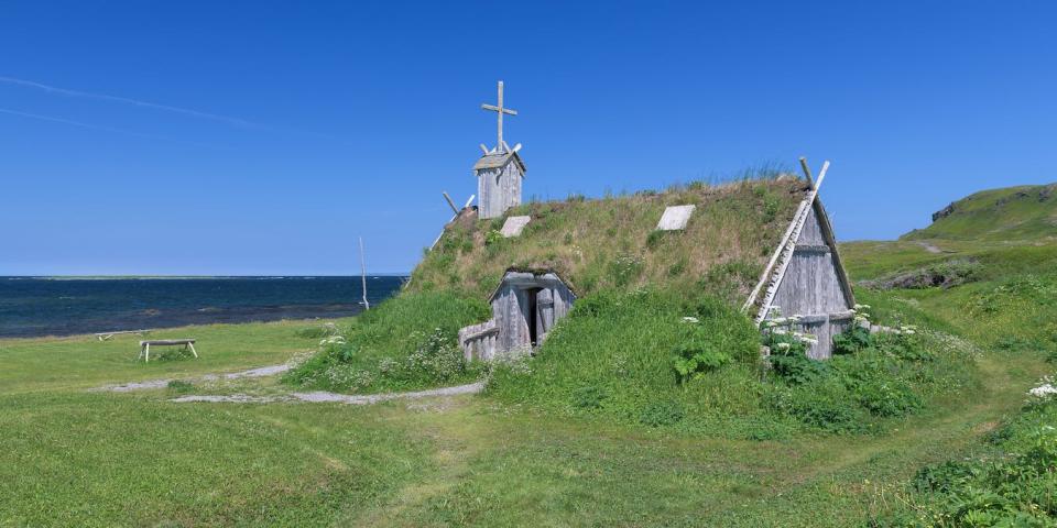 The exterior of a sod church at Norstead, a Viking village and port of trade that is a reconstruction of a Viking Age settlement located near L'Anse aux Meadows in Newfoundland, Canada.