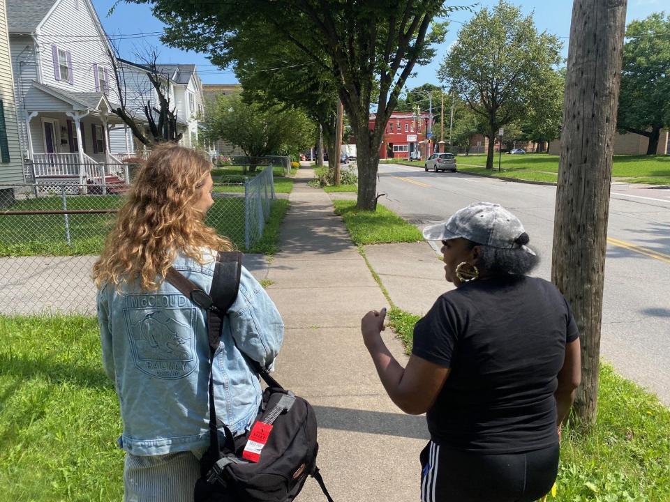 Georgia Pressley (left) and Inez Burns (right) walk down North Union Street and talk about the neighborhood in Rochester, N.Y. on Jul. 31, 2023