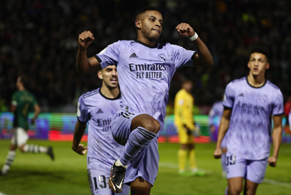 Real Madrid's Rodrygo celebrates after scoring the opening goal during a Spanish Copa del Rey round of 32 soccer match between Cacereno and Real Madrid at the Principe Felipe stadium in Caceres, Spain, Tuesday Jan. 3, 2023. (AP Photo/Pablo Garcia)