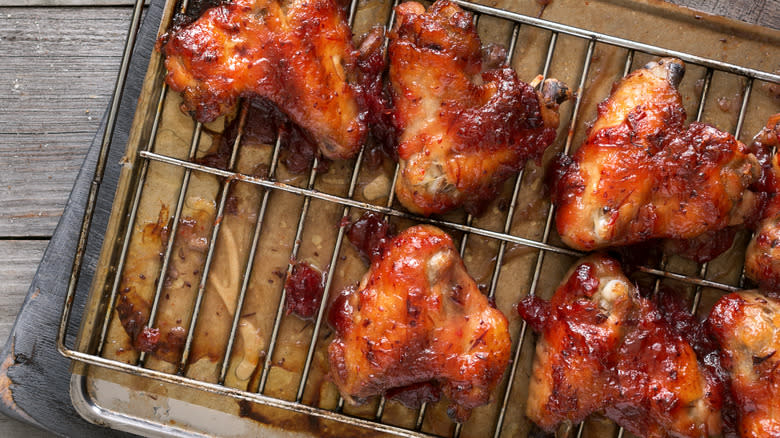 Baked wings on metal rack