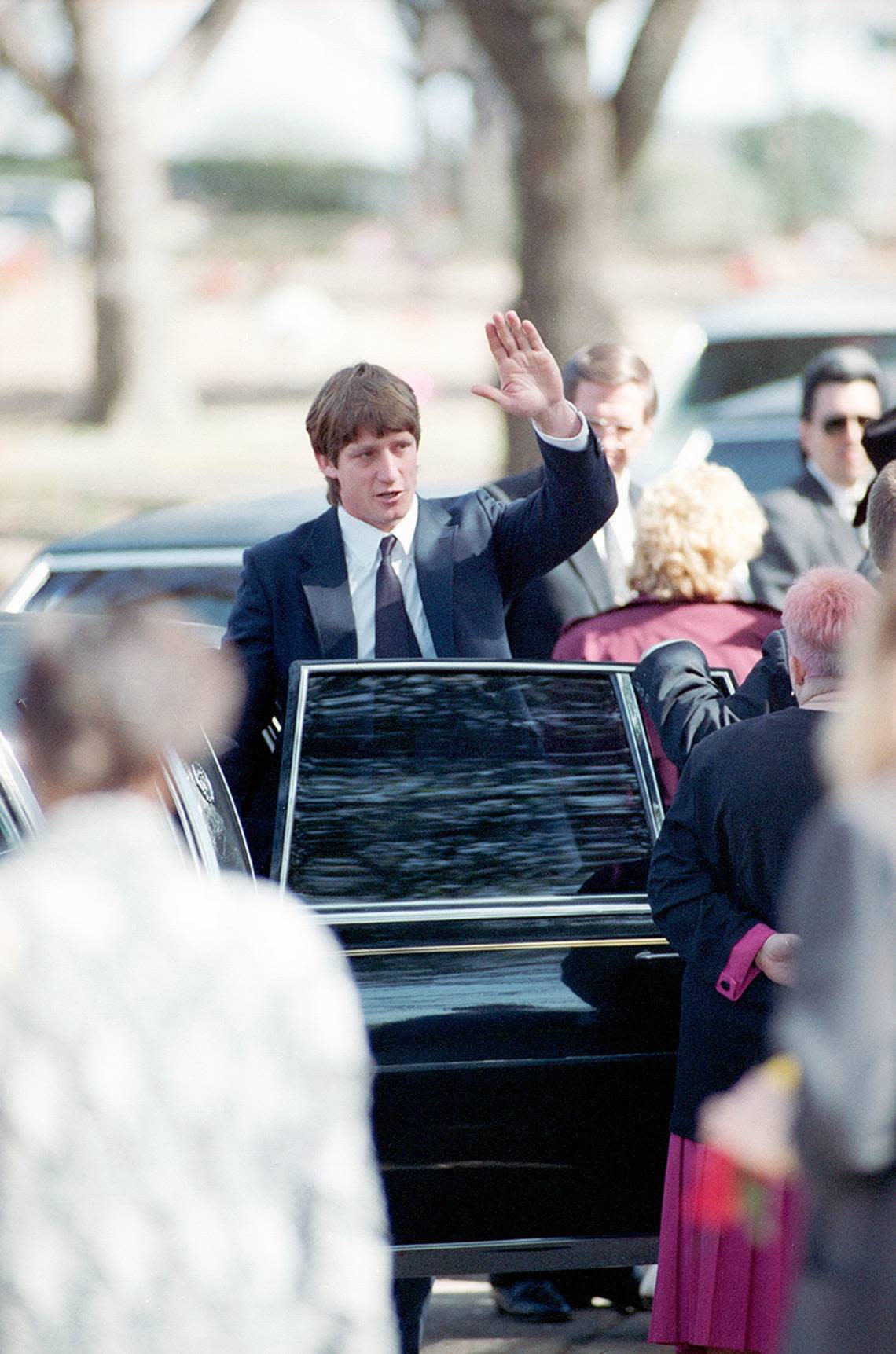 February 22, 1993: Wrestler Kerry Von Erich’s funeral held at First Baptist Church in Dallas. His brother, Kevin Von Erich, waves as he leaves the graveside ceremony at Grove Hill Cemetery in Dallas. Jerry W. Hoefer/Fort Worth Star-Telegram/UT Arlington Special Collections