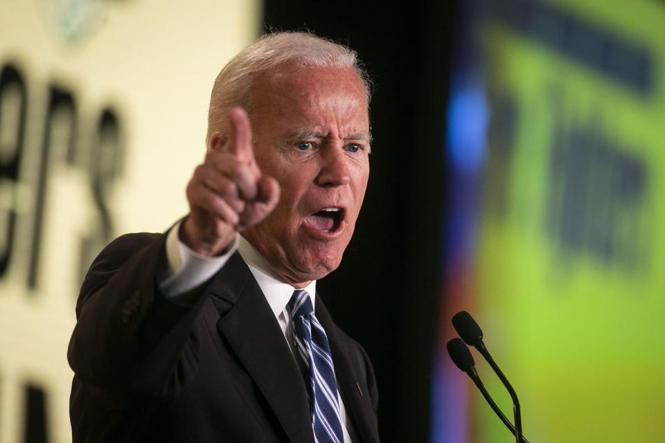 Joe Biden speaks at the International Association of Fire Fighters' legislative conference in March. The union endorsed Biden on Monday. (Bloomberg via Getty Images)