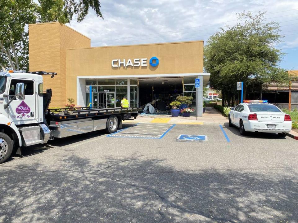 Three people were injured in Fresno inside a River Park bank on when a truck crashed through the front of the Chase Bank building.