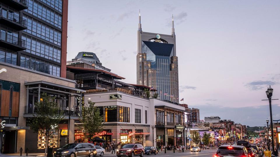 View down Broadway in Nashville at dusk