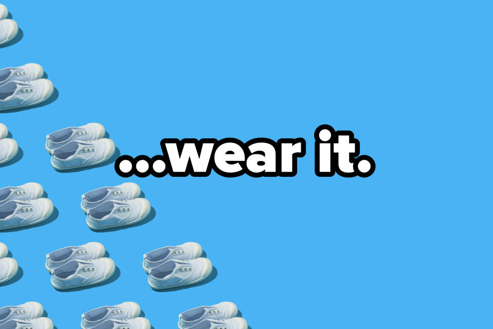 Several white sneakers are arranged in diagonal rows against a blue background