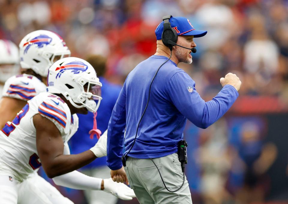 HOUSTON, TEXAS - OCTOBER 06: Head coach Sean McDermott of the Buffalo Bills looks on during the first half against the Houston Texans at NRG Stadium on October 06, 2024 in Houston, Texas. (Photo by Tim Warner/Getty Images)