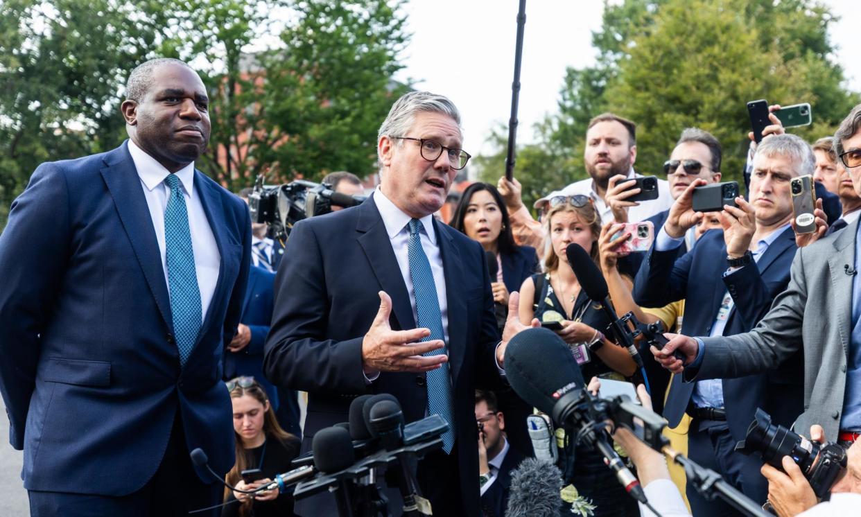 <span>Keir Starmer speaks to the media outside the West Wing of the White House accompanied by David Lammy, the British foreign secretary.</span><span>Photograph: Jim Lo Scalzo/EPA</span>