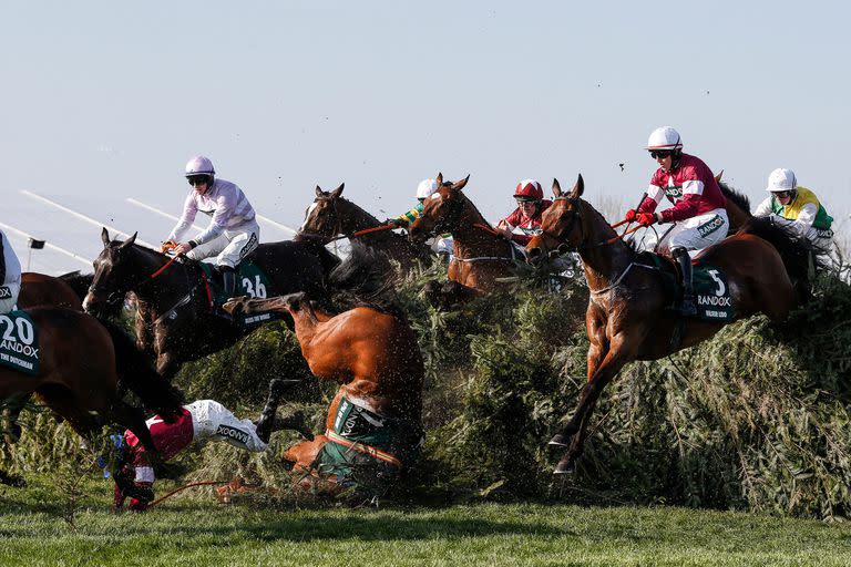 Las caídas en el Grand National son habituales, sobre todo por la cantidad de participantes, la altura de las vallas y la mayor exigencia.