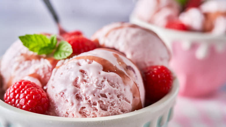 Raspberry ice cream in bowl