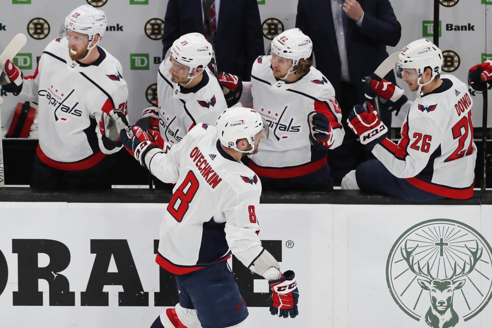 Washington Capitals' Alex Ovechkin (8) celebrates his goal during the third period in Game 4 of the team's NHL hockey Stanley Cup first-round playoff series against the Boston Bruins, Friday, May 21, 2021, in Boston. (AP Photo/Michael Dwyer)