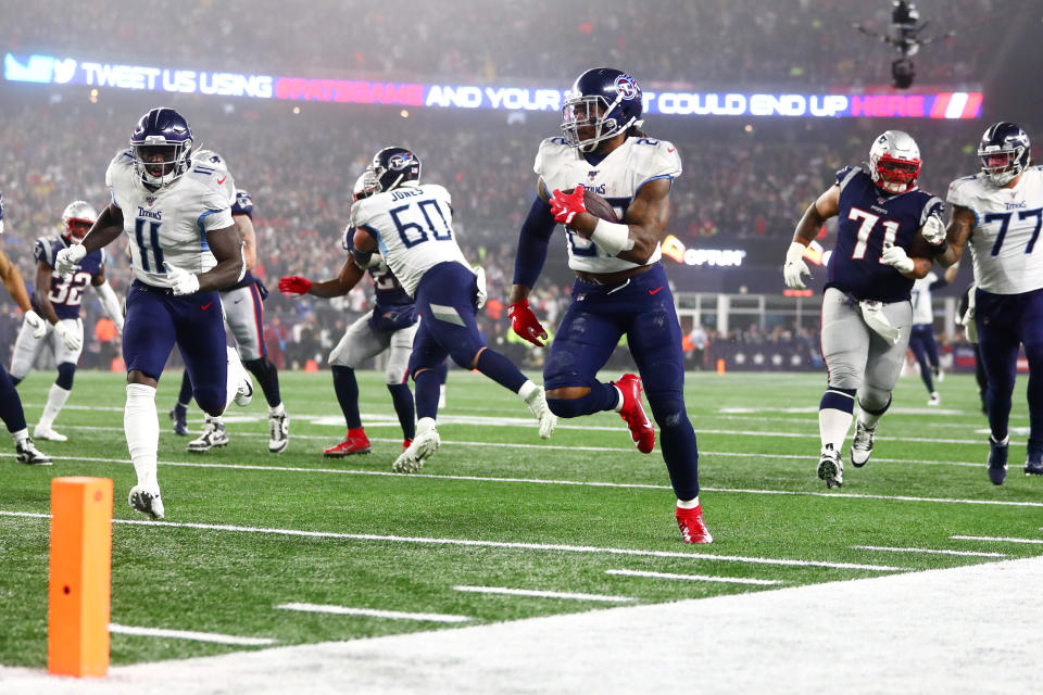 Derrick Henry had a monster game for the Titans in New England. (Photo by Adam Glanzman/Getty Images)