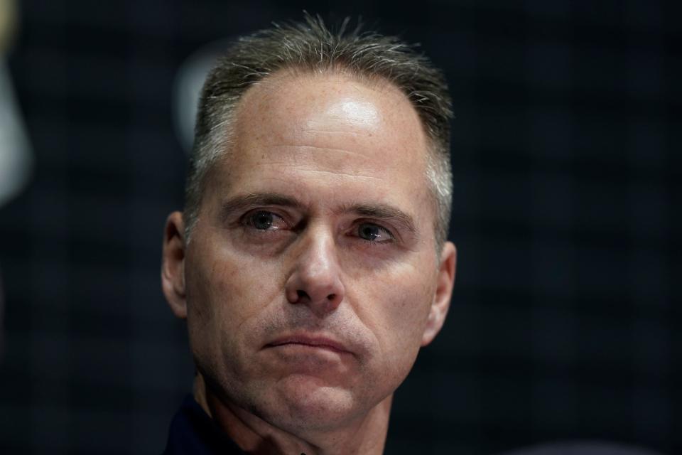 West Virginia coach Mark Kellogg addresses the media during the NCAA college Big 12 women's basketball media day Tuesday, Oct. 17, 2023, in Kansas City, Mo.